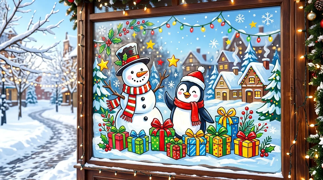 Kitchen window painting with garland motif