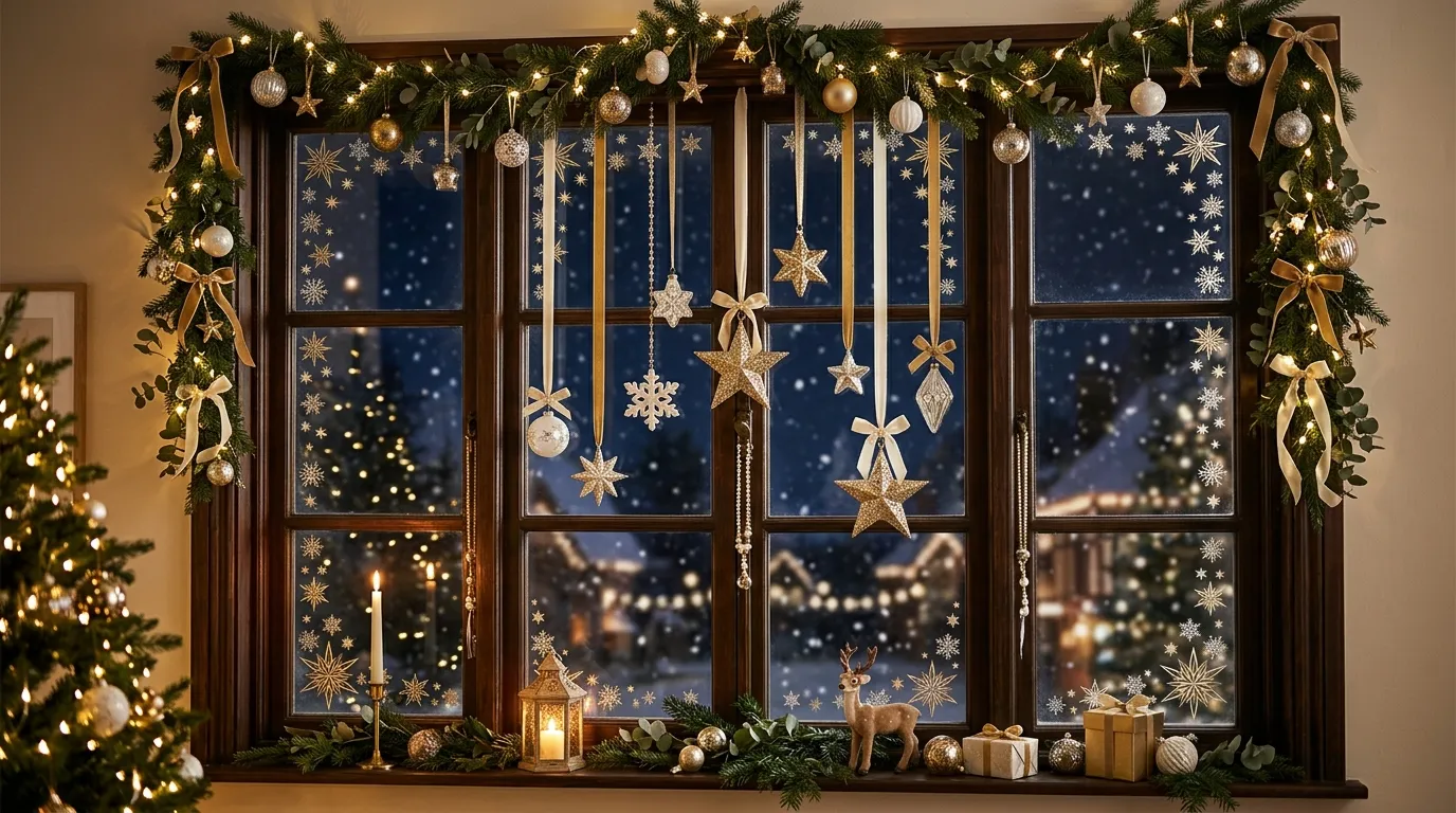 Arched window decorated with hand painted ornaments hanging on ribbon lines