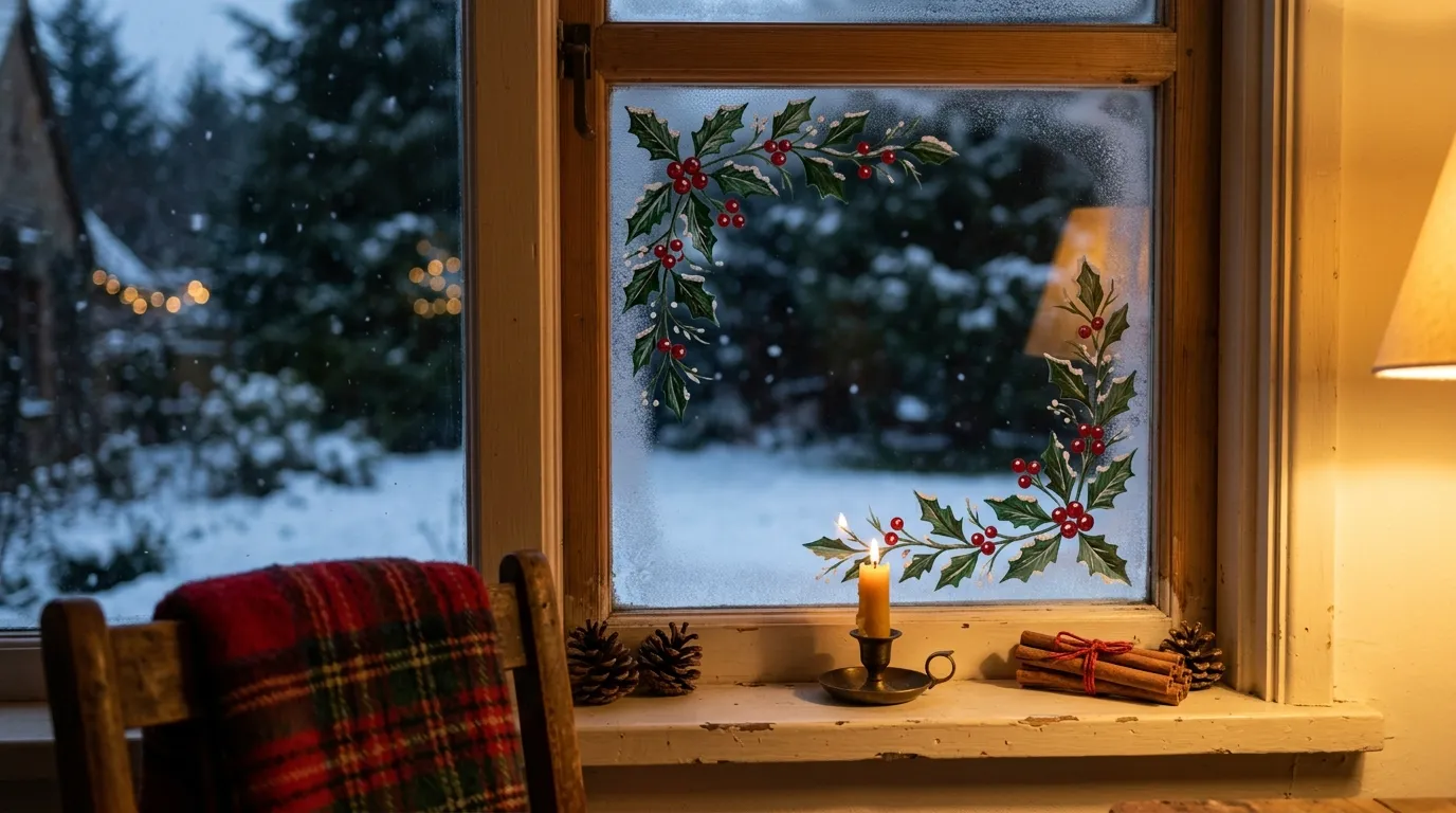 Minimal Christmas window with tiny repeating tree icons in white paint