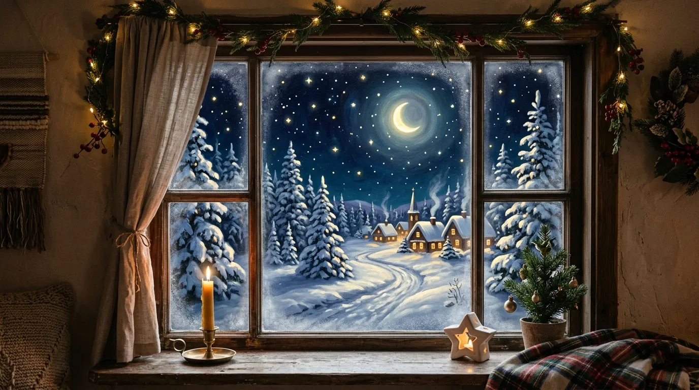 Bay window painted with wreath-inspired circular patterns and pine sprigs