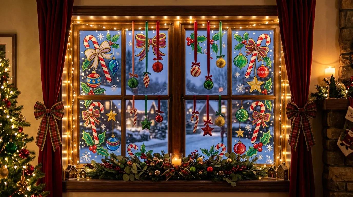 Festive window painting with delicate snow border