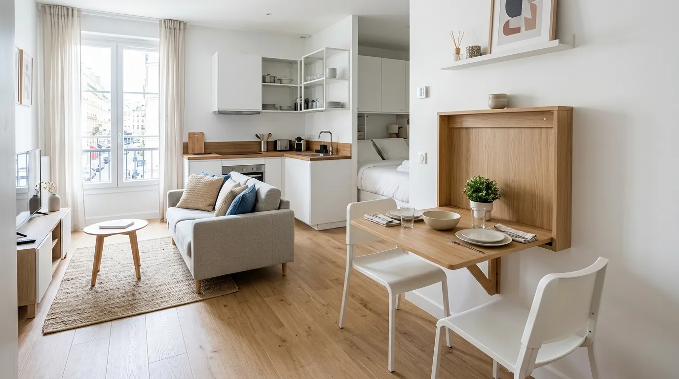 Studio apartment with storage bed platform