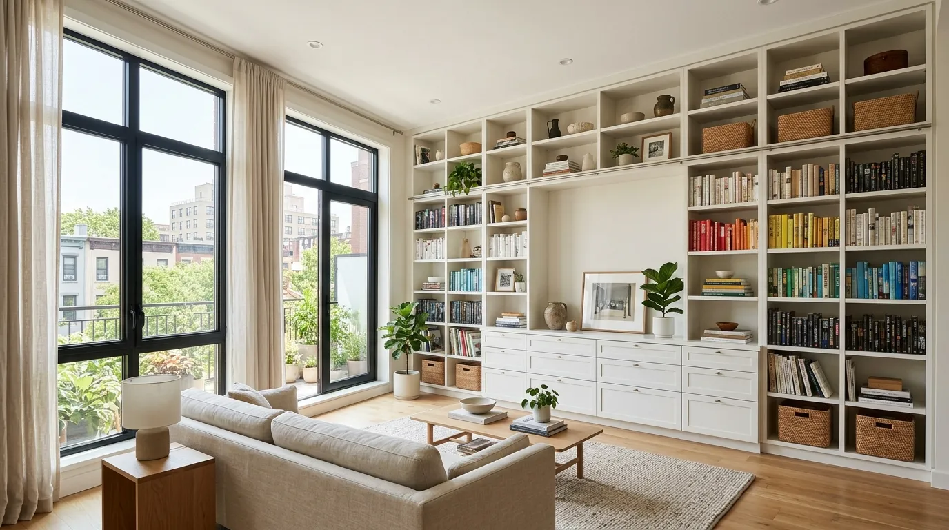 Apartment living room using curtain divider to separate sleeping nook