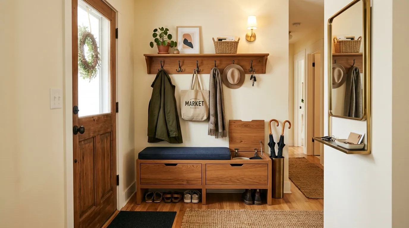 Small apartment bathroom with over toilet shelving