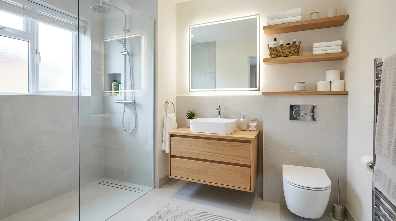 Studio apartment with modular shelving acting as room divider