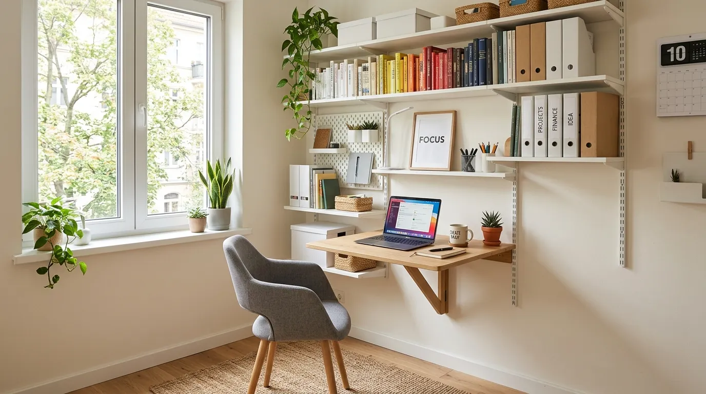 Tiny apartment lounge with fold out console desk