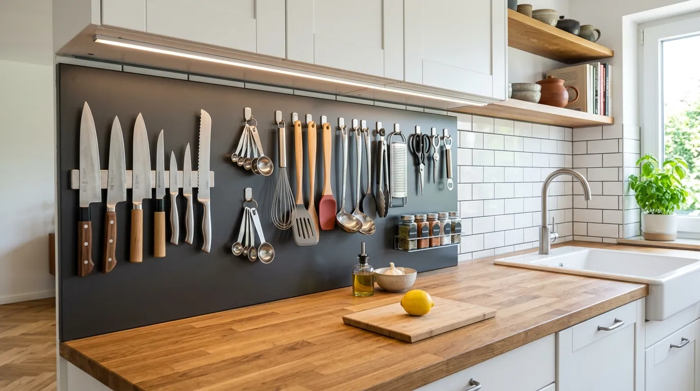 Compact apartment kitchen wall with peg rail storage