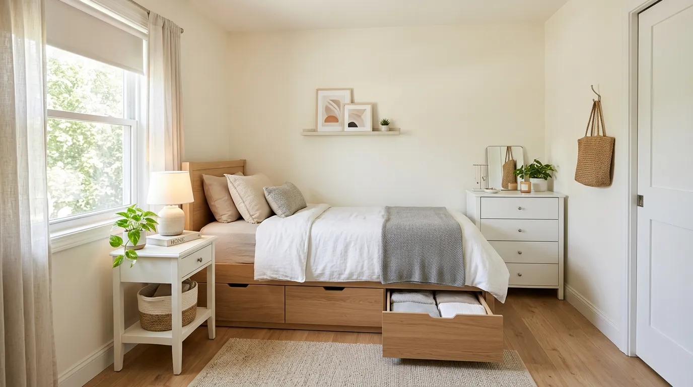 Small apartment with mirror panel reflecting windows