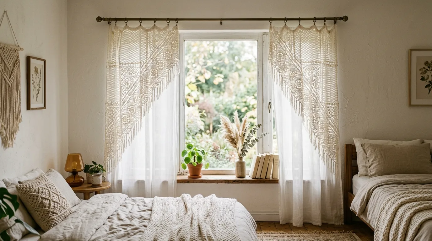 Kitchen cafe window with short crochet curtains and scalloped hem
