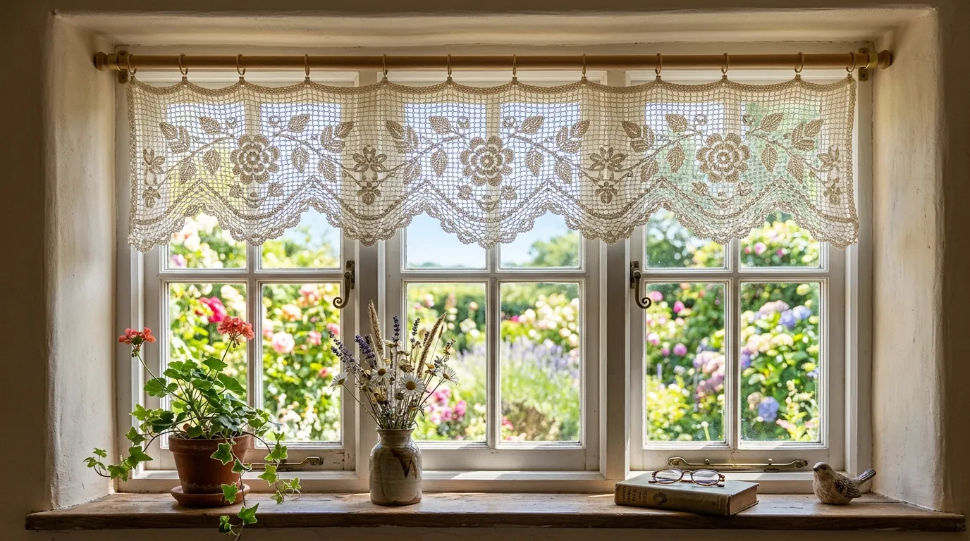 Bedroom window with off white crochet panels layered over linen drapes