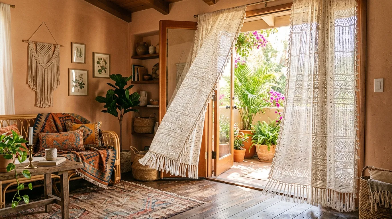 Bathroom window with delicate lace crochet curtain