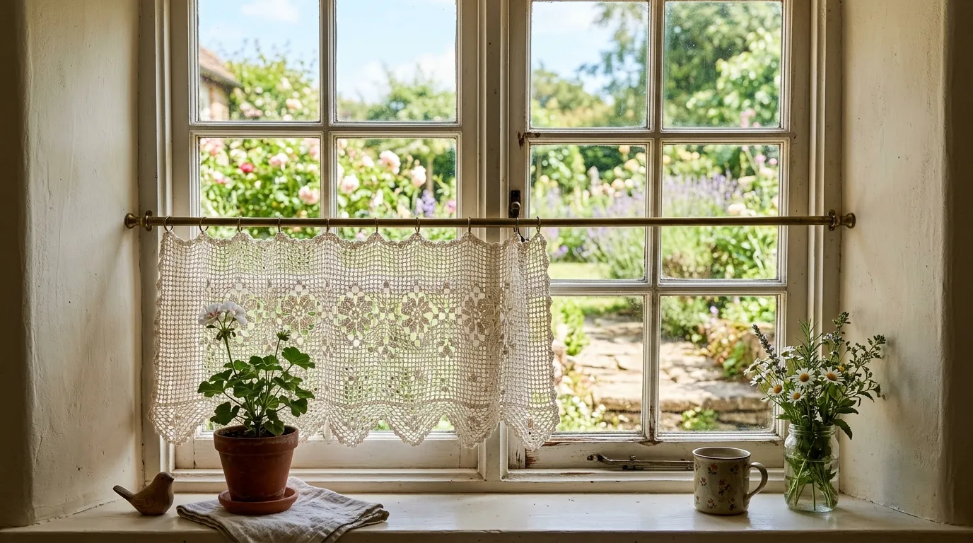 Bohemian dining nook with floral motif crochet curtains