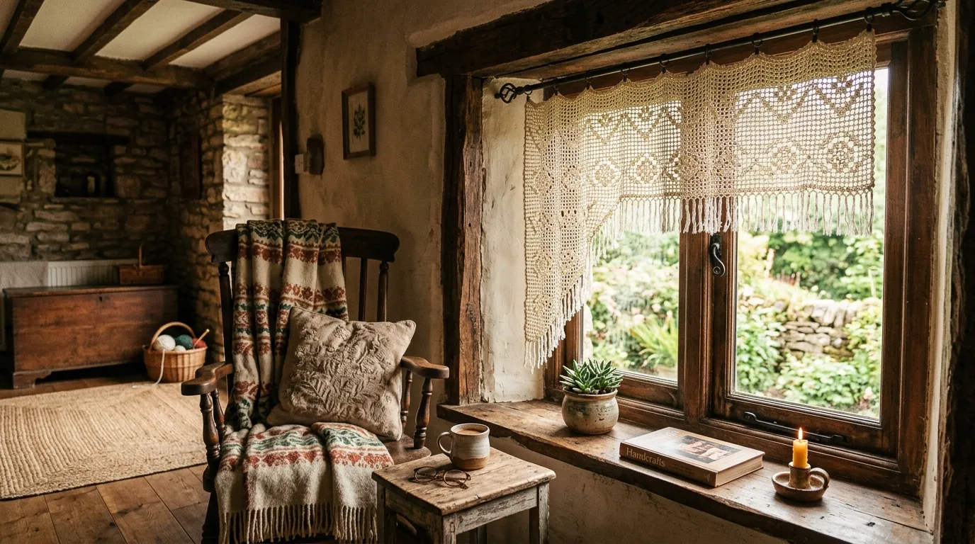 Sunroom with airy crochet valance and neutral seating