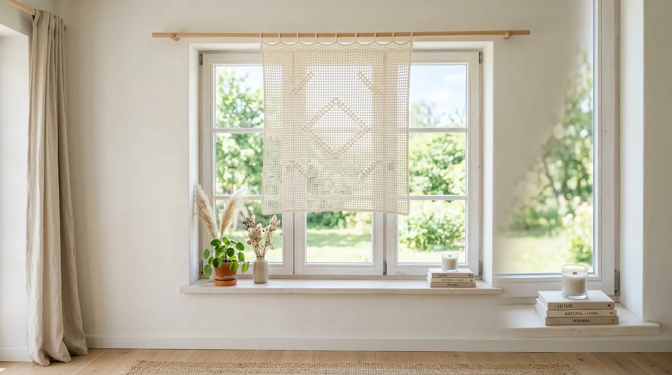 Small apartment window with minimalist geometric crochet curtain