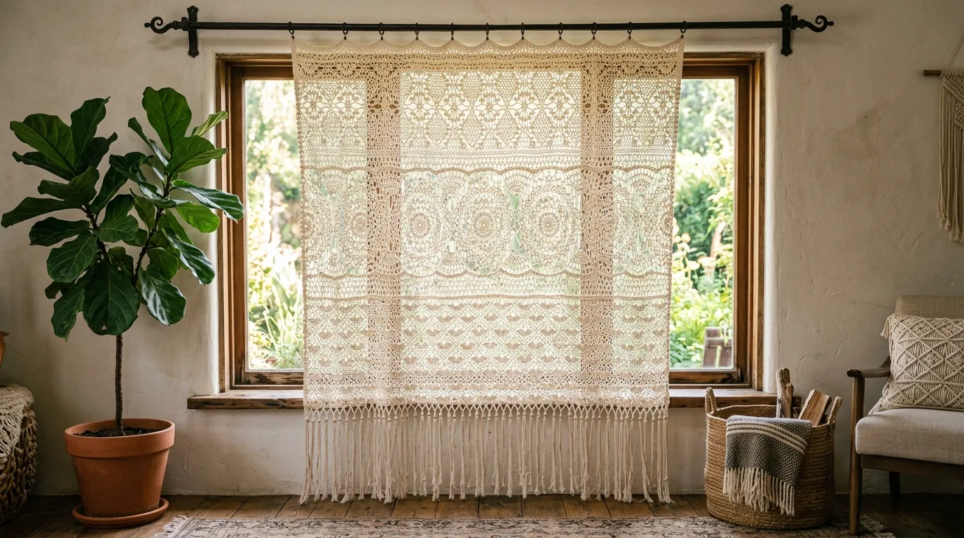 Vintage bedroom with cream crochet curtain tie backs