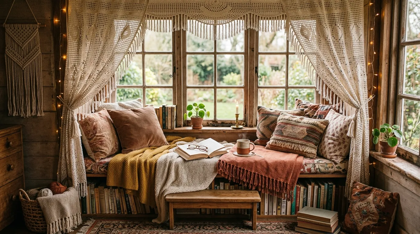 Nursery window with soft crochet curtain in simple shell pattern