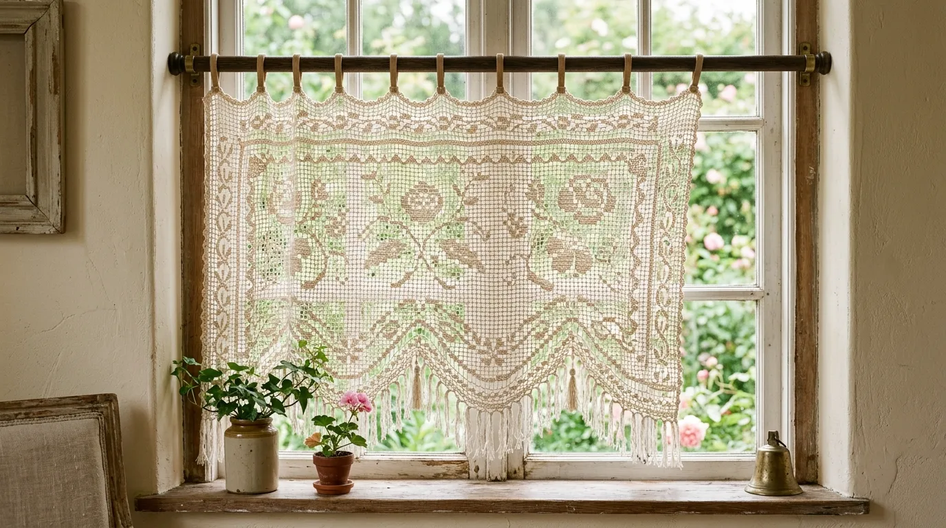 Reading nook window with layered crochet and gauze panels