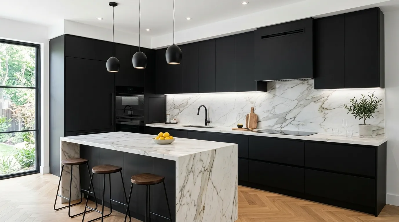 Modern kitchen with taupe cabinetry and veined stone backsplash