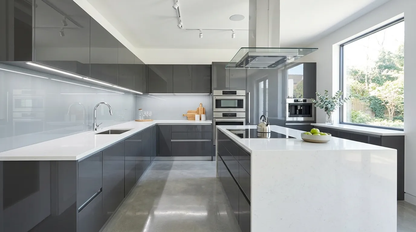 Compact contemporary kitchen with tall pantry wall