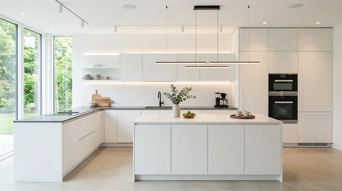 Contemporary kitchen featuring open shelf niche with curated ceramics