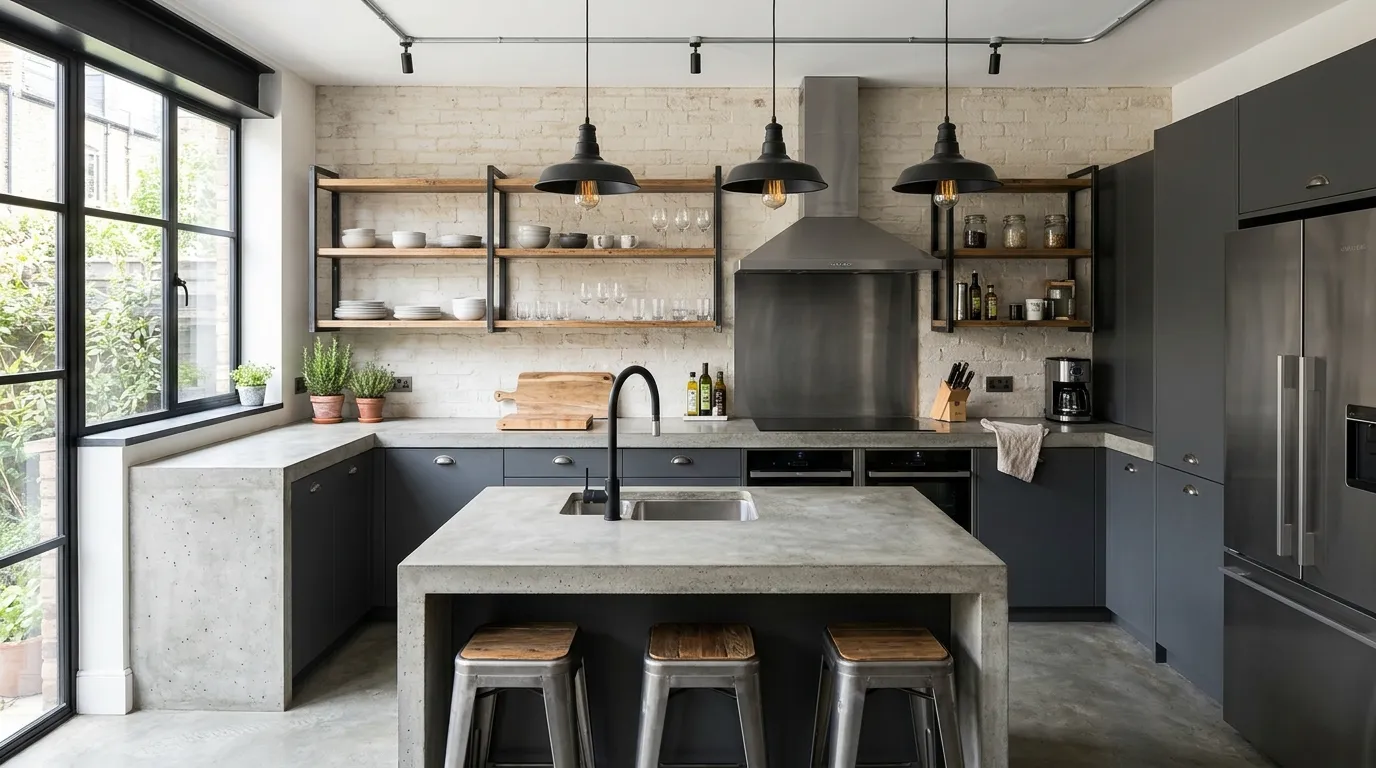 Black and wood kitchen with integrated refrigerator