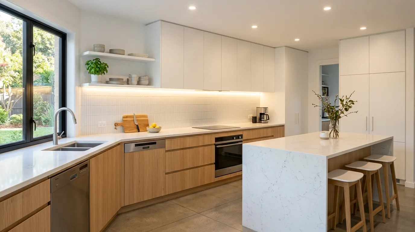 Minimal kitchen with slab backsplash