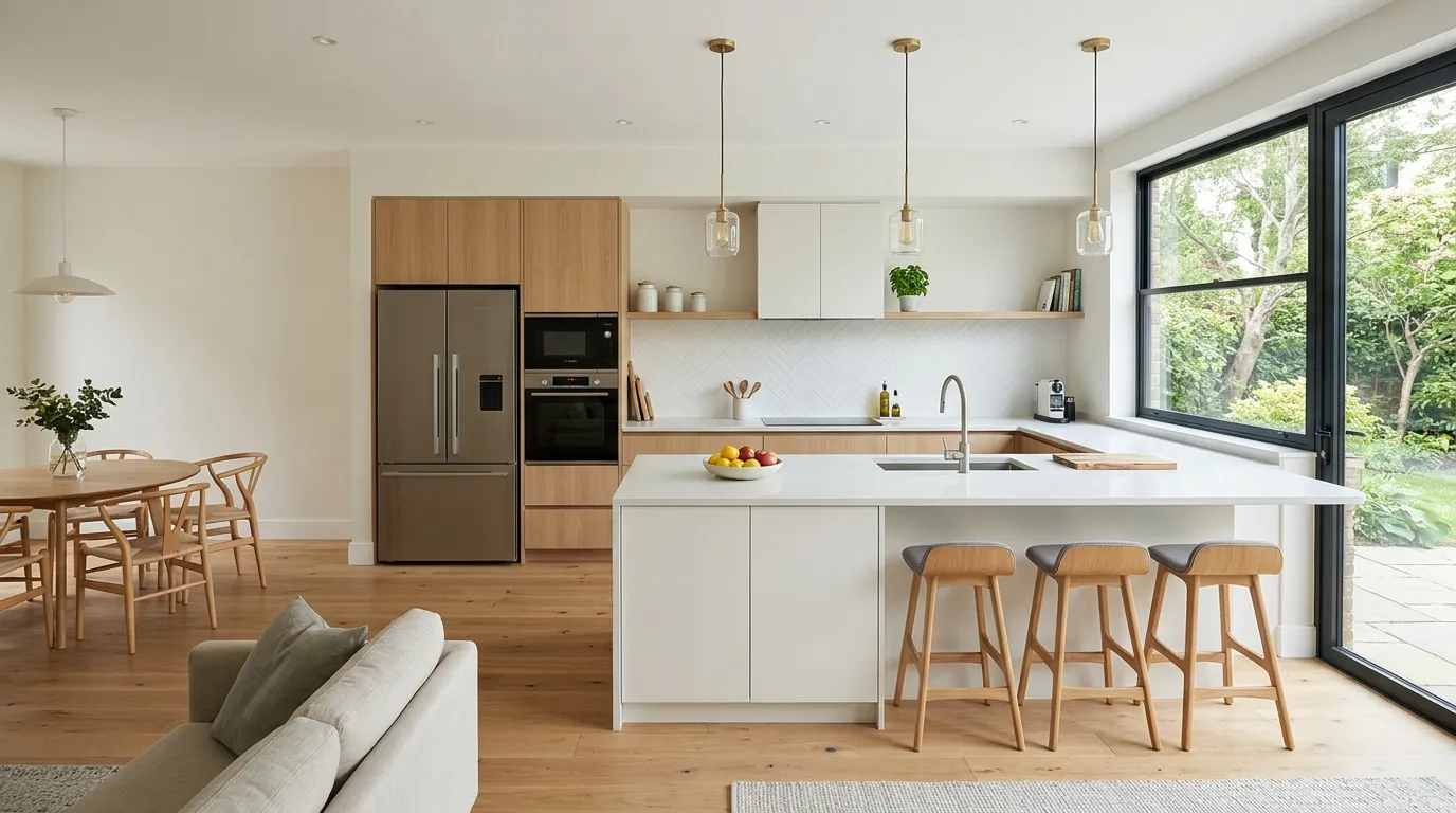 Open concept kitchen with oversized pendant trio