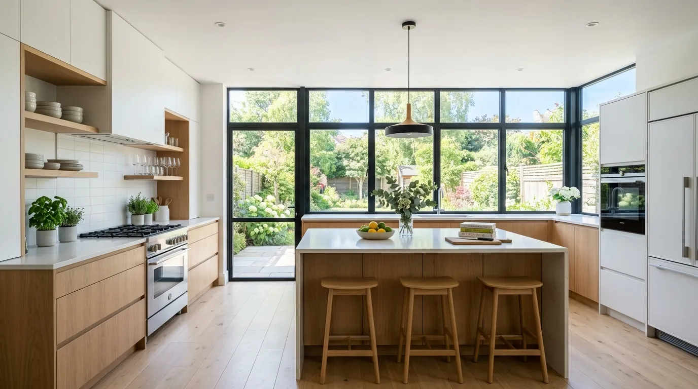 Contemporary kitchen with plaster hood detail