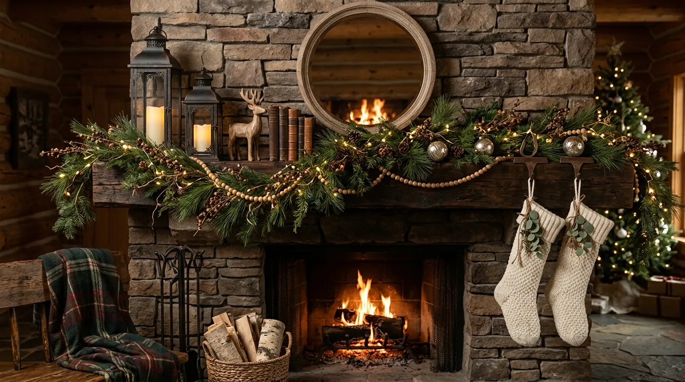Neutral holiday mantel with cedar garland