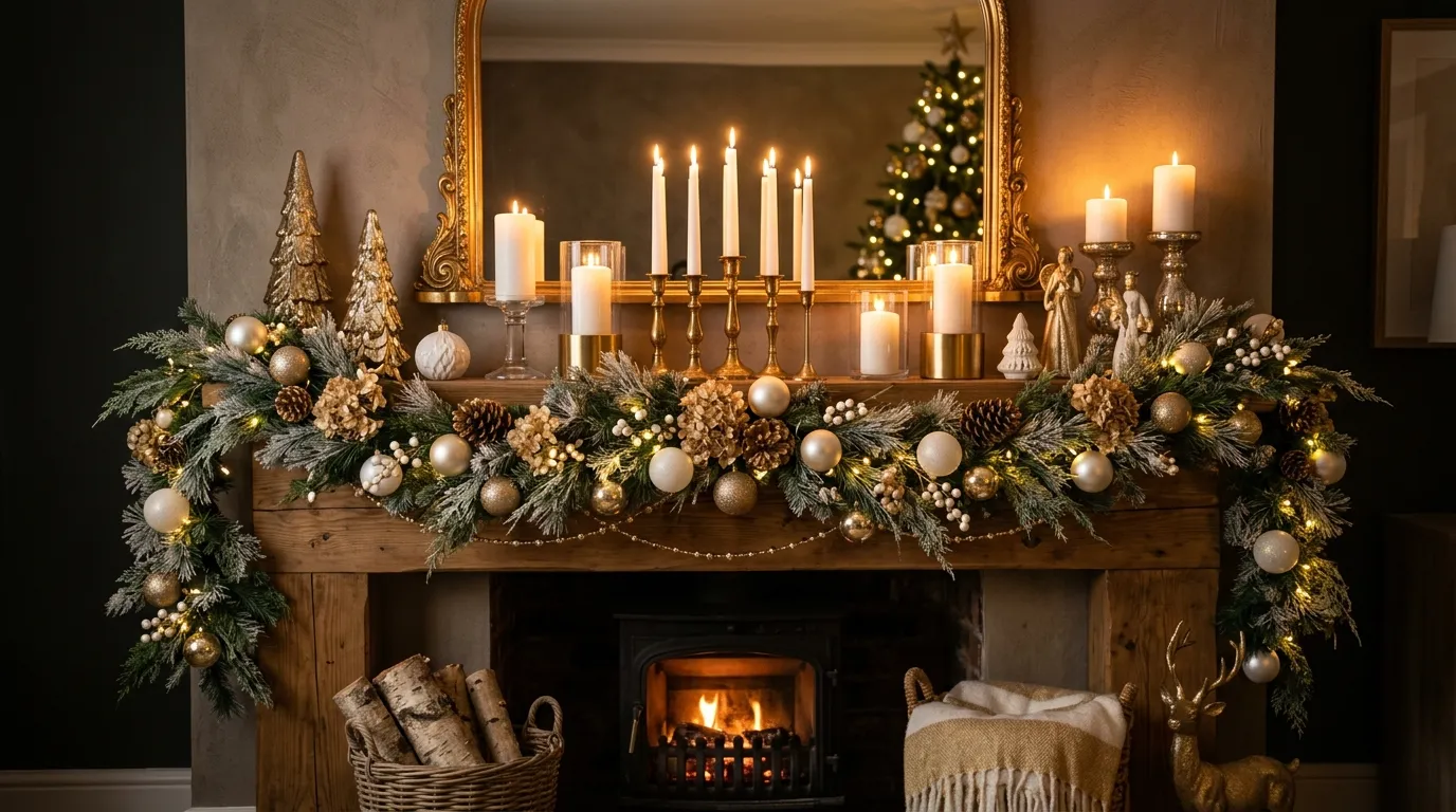 Mantel decorated with asymmetrical greenery
