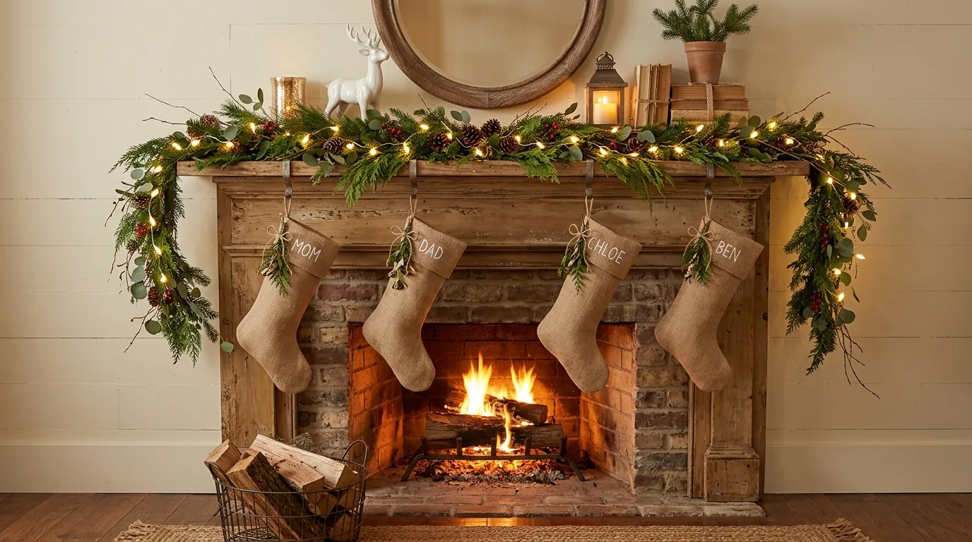 Rustic Christmas mantel with wood bead garland