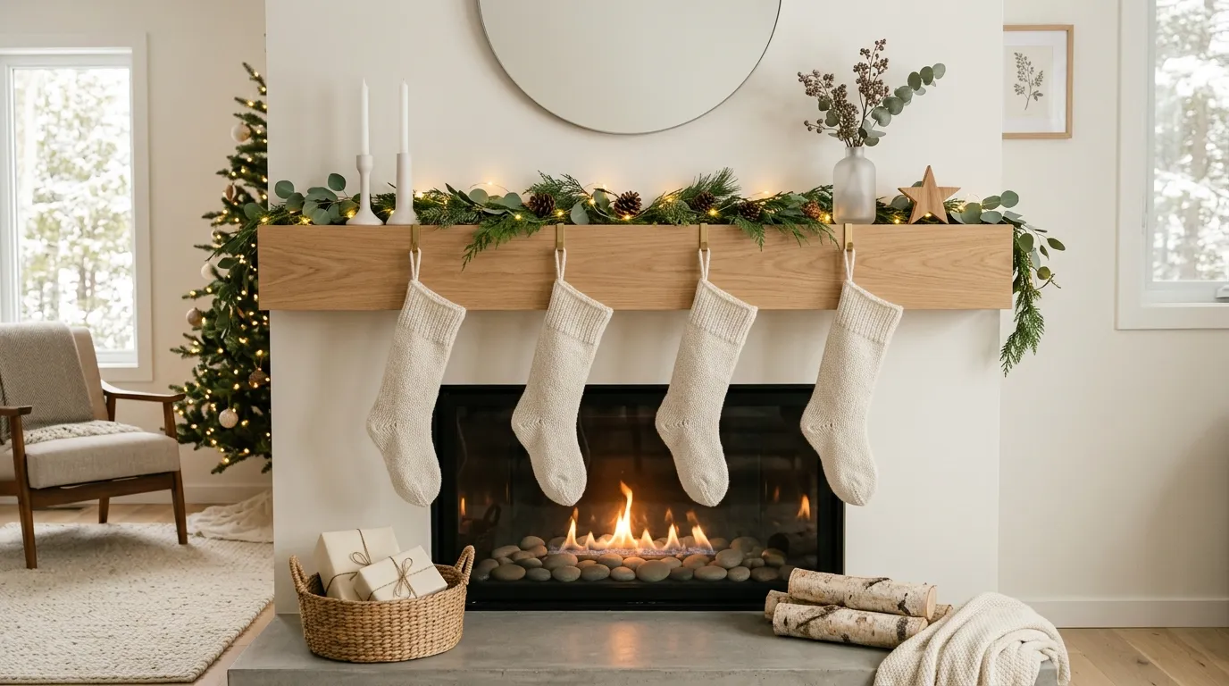 Modern fireplace mantel with simple evergreen drape
