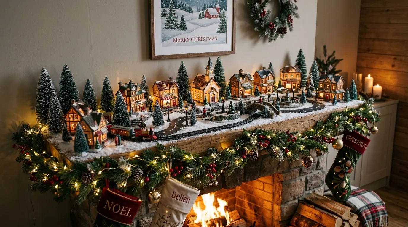 Family room fireplace with mixed knit stockings