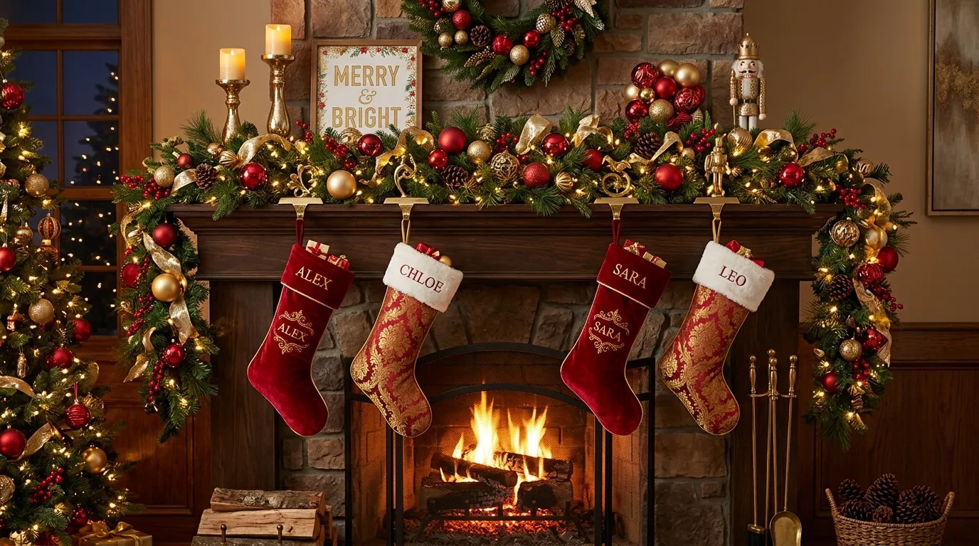Farmhouse holiday mantel with beadboard backdrop