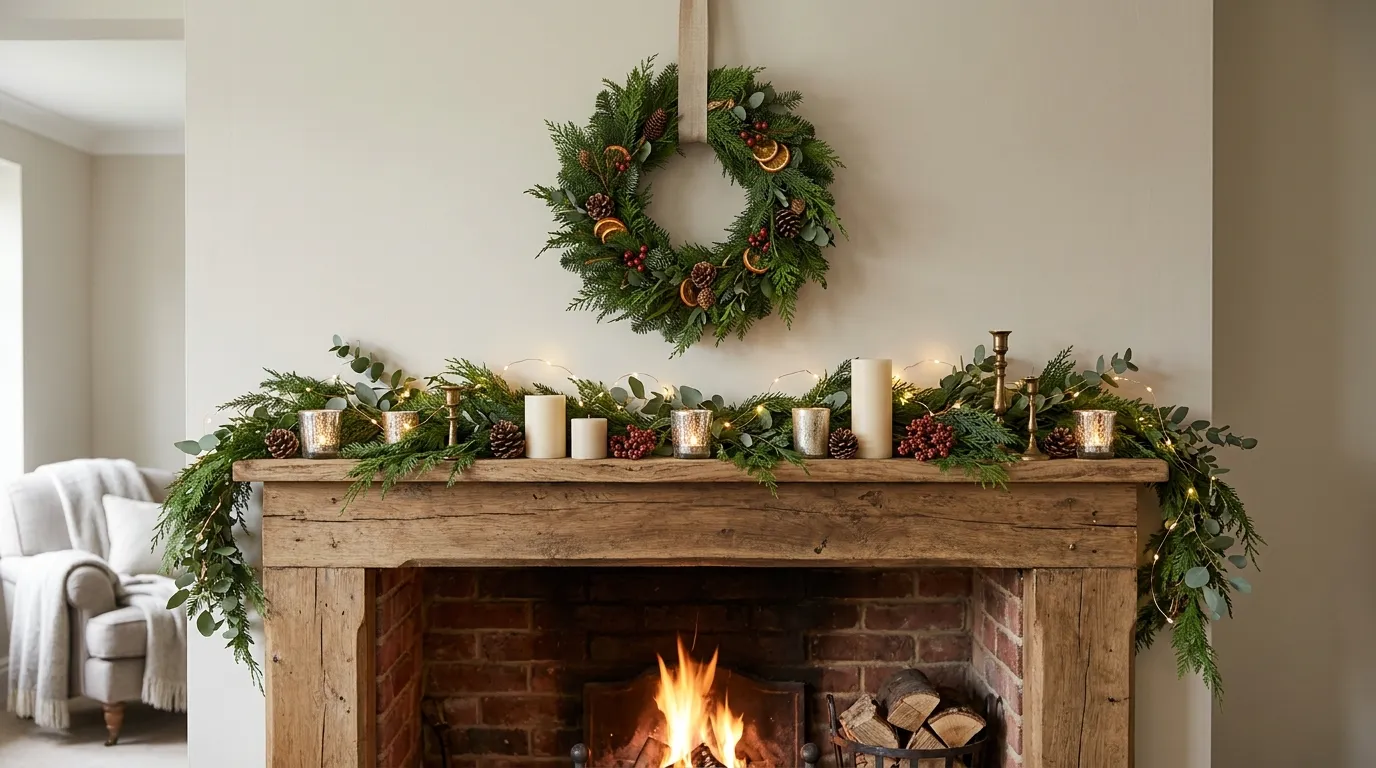 Small apartment fireplace with slim garland