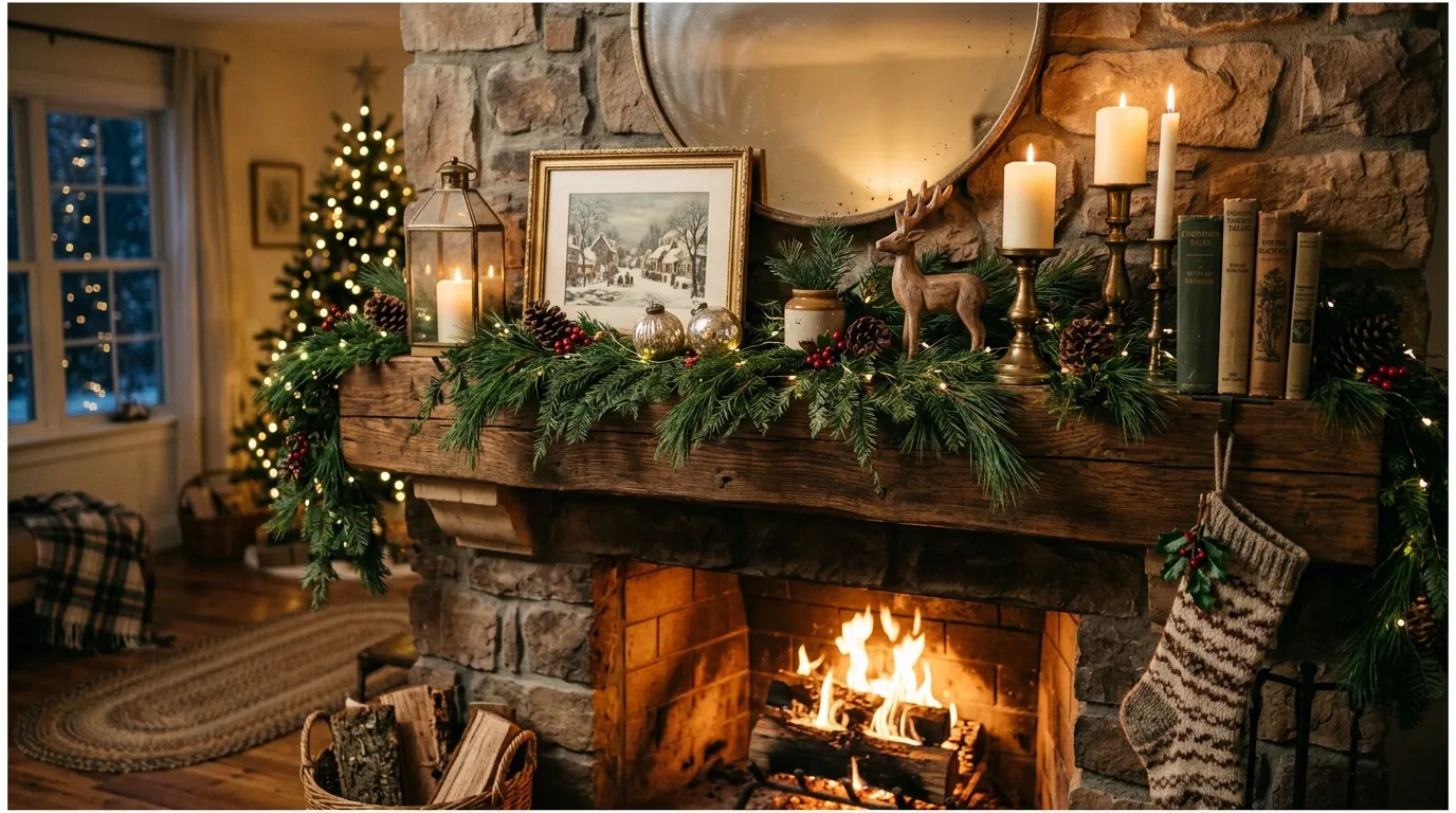 Mantel styled with berry garland