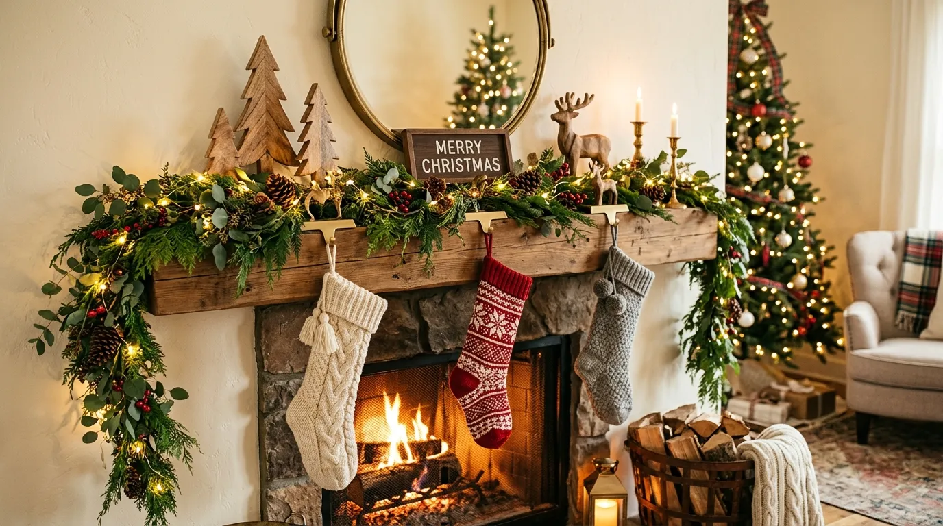 Scandinavian Christmas mantel with sparse pine