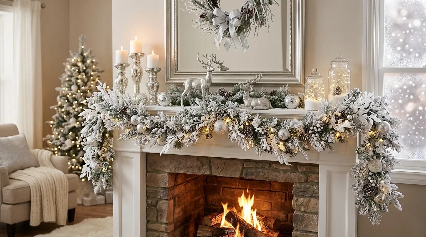 Stone fireplace mantel with cedar swags