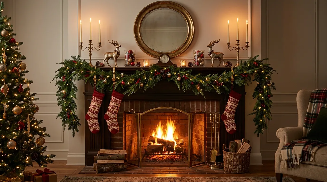 Dreamy Christmas mantel with garland lights