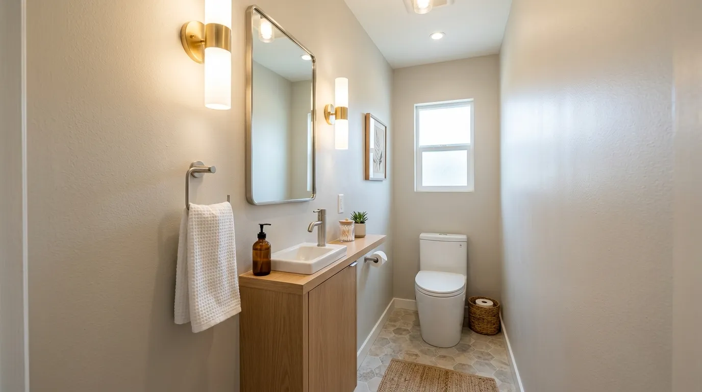 Slim wood vanity with open shelf and woven basket below