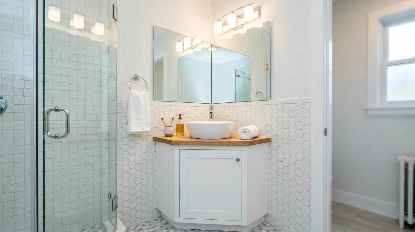 Narrow powder room vanity with wall-mounted faucet and tall mirror