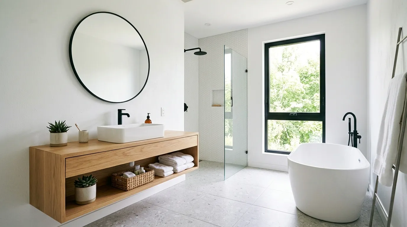Small bathroom vanity with drawer organizers and bright task lighting