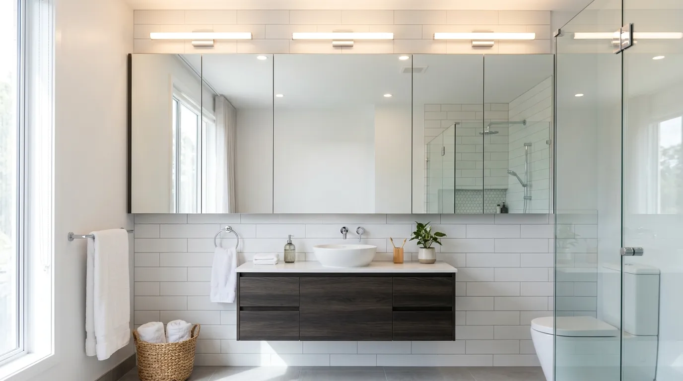 Scandinavian vanity with pale oak finish and simple storage niche