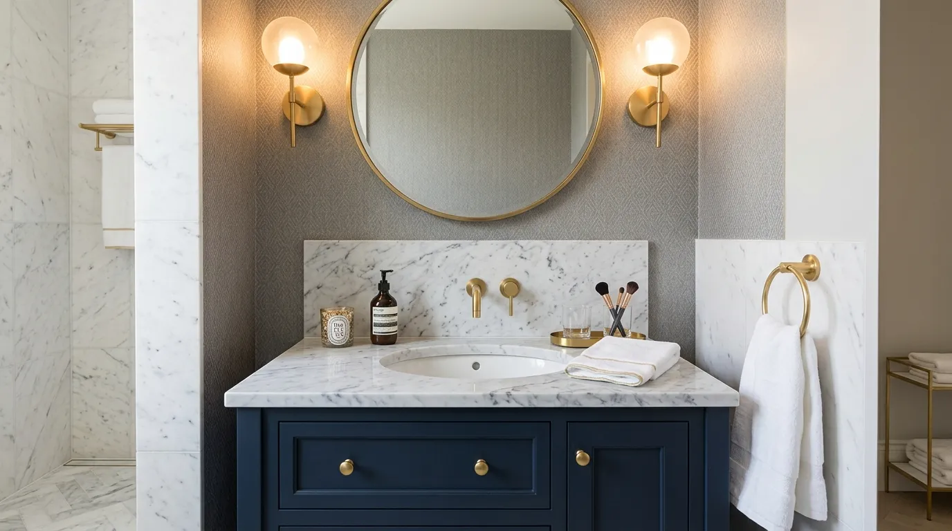 Corner vanity in compact bath with curved front