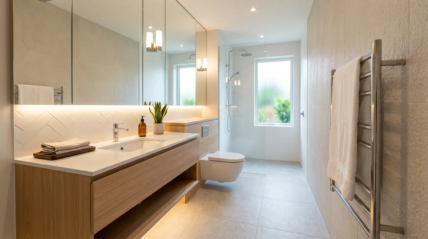 Small vanity with mirrored cabinet above and recessed shelf beside it