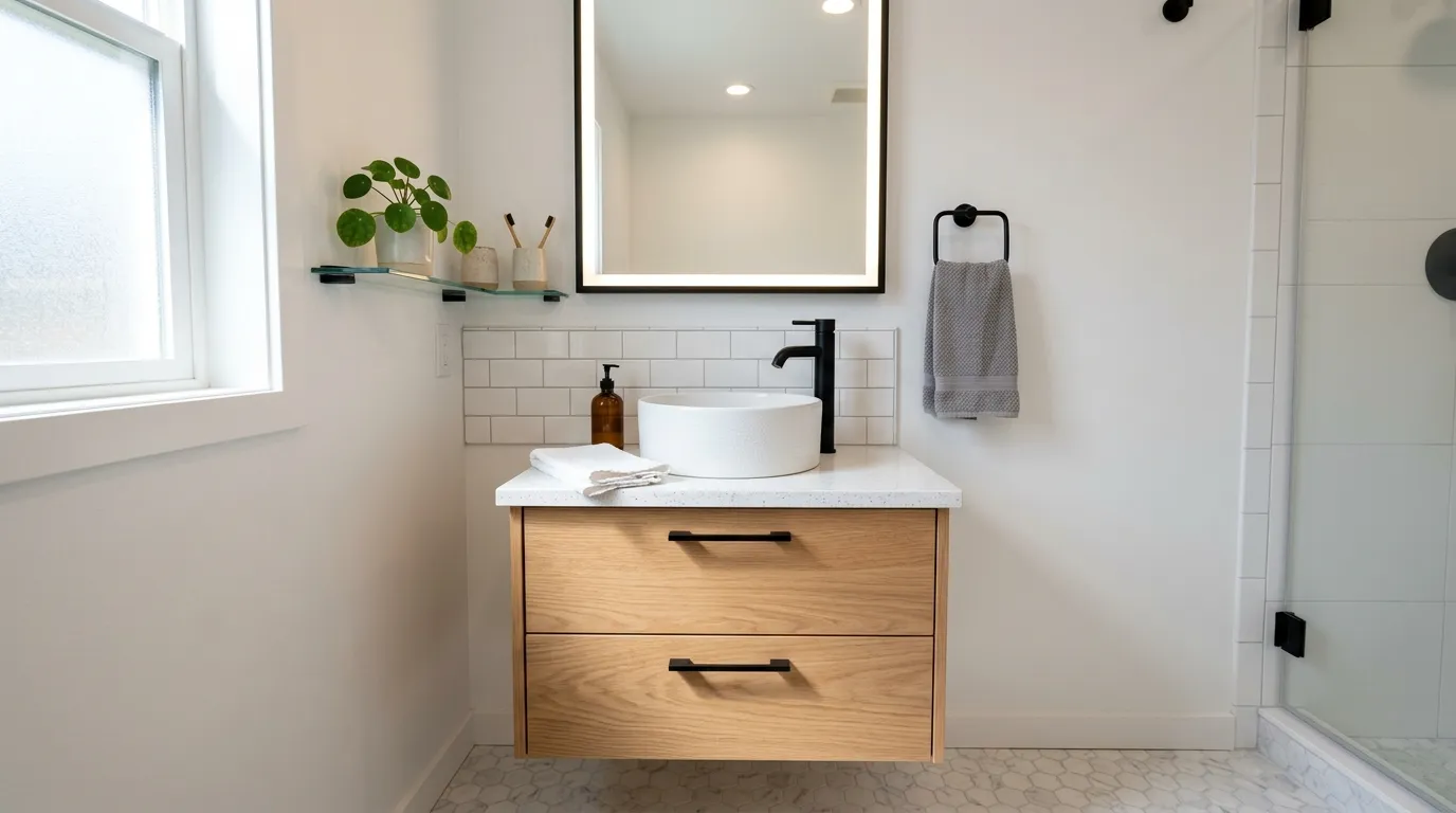 Pedestal-look vanity with concealed lower drawer