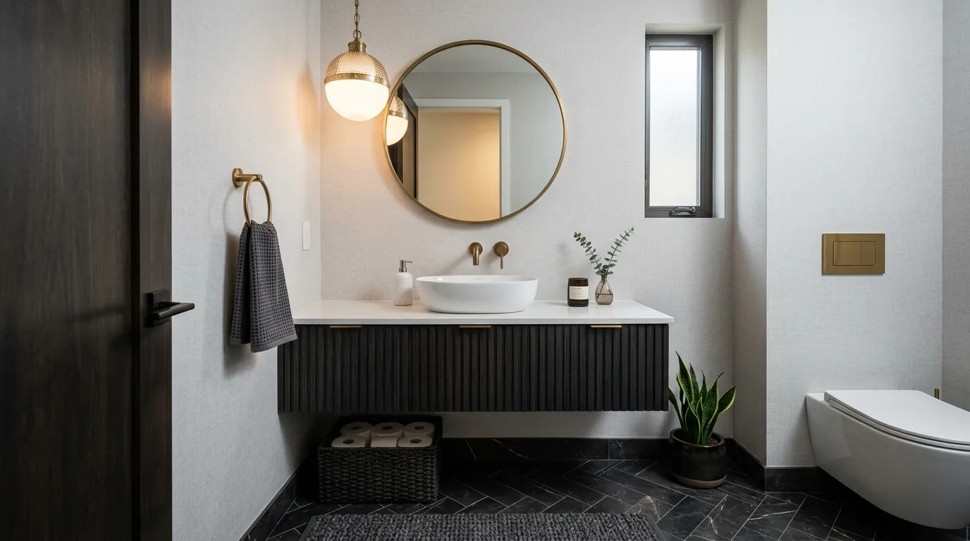 Farmhouse powder room vanity with beadboard detail and petite stone counter