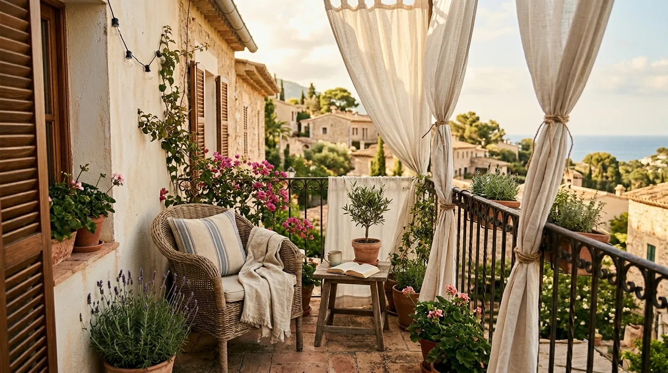 Balcony with sheer outdoor curtains and café table