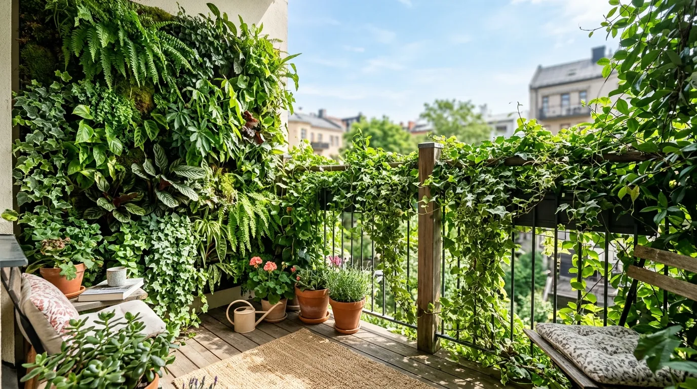 Small balcony with lattice panel and climbing greenery