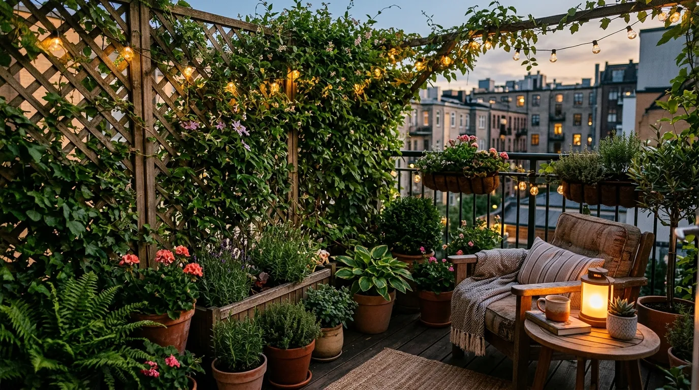 Modern balcony with slatted wood divider and compact loveseat